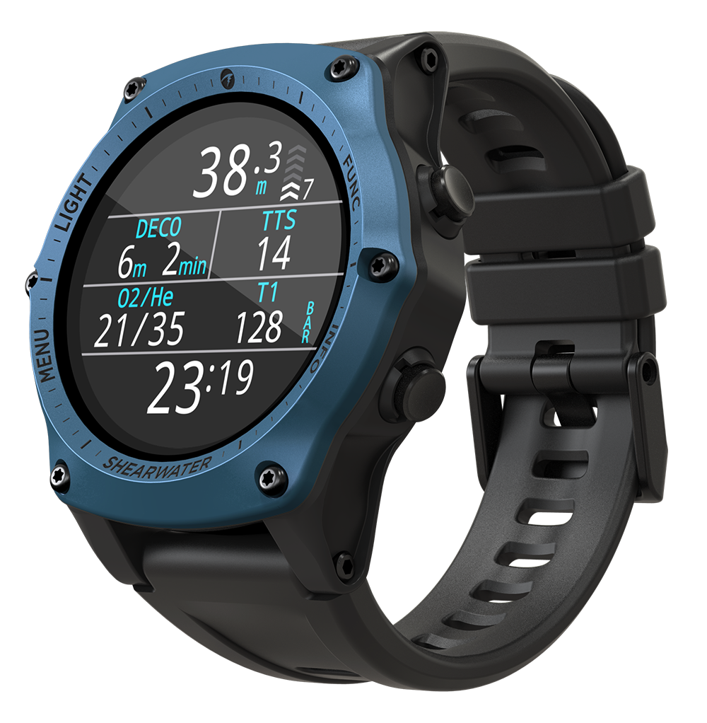 Shearwater Teric dive computer with blue bezel and black strap